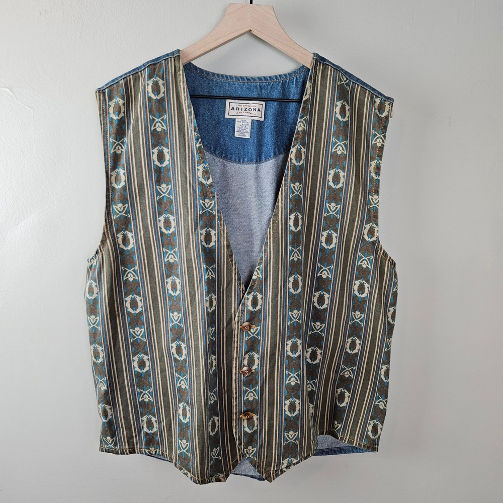 Vintage Western Print Denim Vest Men's Sz M Teal Brown